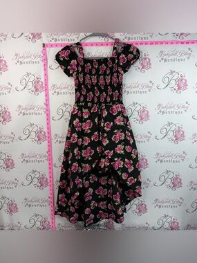 Suko Girl Black Floral Smocked Dress Top  with Pink & Yellow Flower Prints